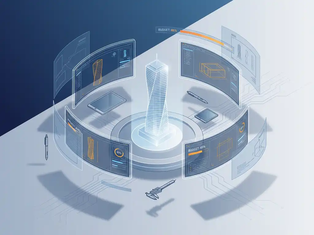 Isometrische werkruimte met CAD-software op monitoren rond 3D-geprint architectuurmodel, blauw-grijze kleuren