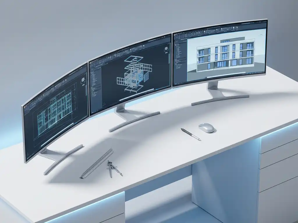 Isometrische werkplek met CAD-software op gebogen monitoren die architectuurproject van wireframe tot 3D-model tonen