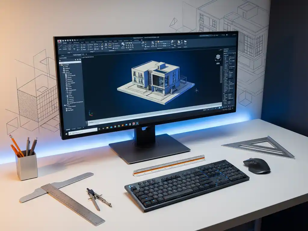 Modern computerwerkstation met CAD-software op grote monitor, 3D architectuurmodel, professionele tekengereedschappen op wit bureau