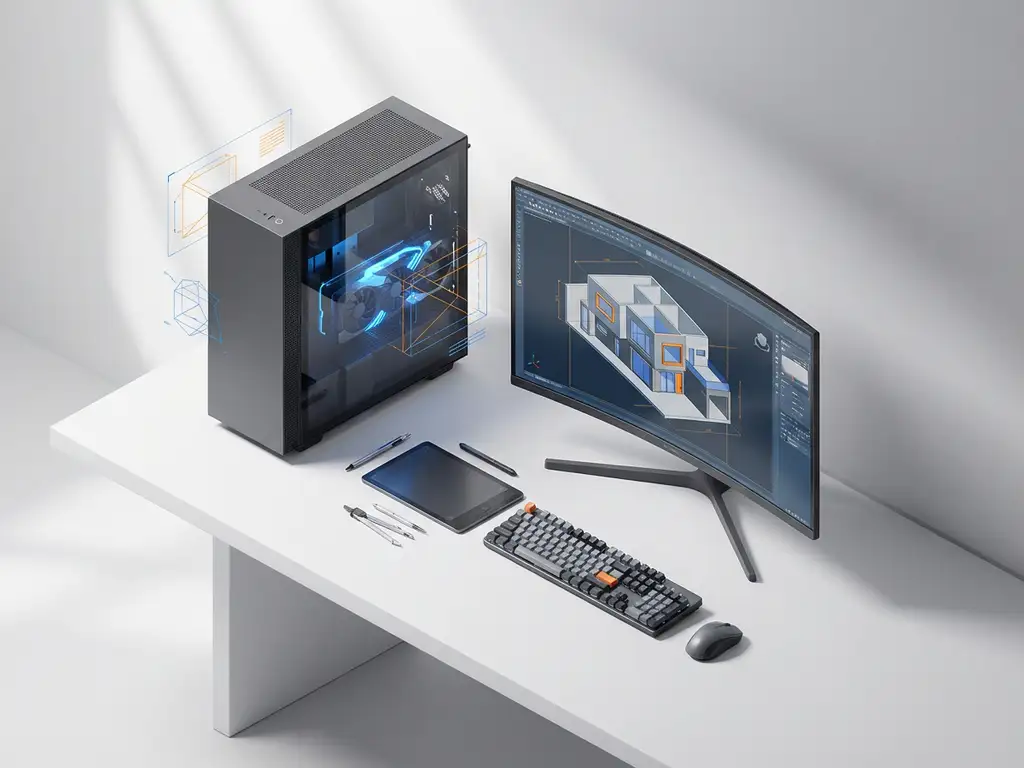 Moderne desktop computer met CAD-software op monitor, 3D gebouwmodel zichtbaar, professionele werkplek met tekentools