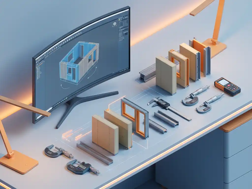 CAD-werkstation met 3D-gebouwcomponent op monitor en fysieke prototypes op ingenieursbureau met meetgereedschap