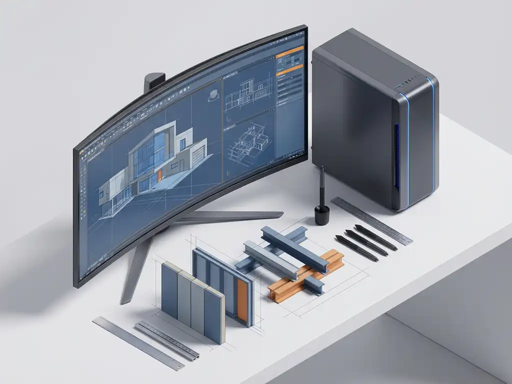Isometrische CAD-werkplek met professionele monitor die 3D architecturale blauwdrukken toont, omringd door tekengereedschap