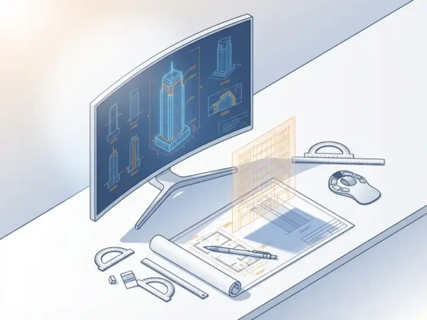 Isometrisch CAD-werkstation met monitor die 3D bouwplannen toont, technische tekengereedschappen en architecturale plannen