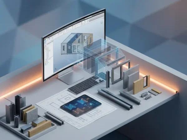Isometrische werkruimte met computer die 3D CAD-model van prefab gebouwmodule toont, technische tekeningen en tablet