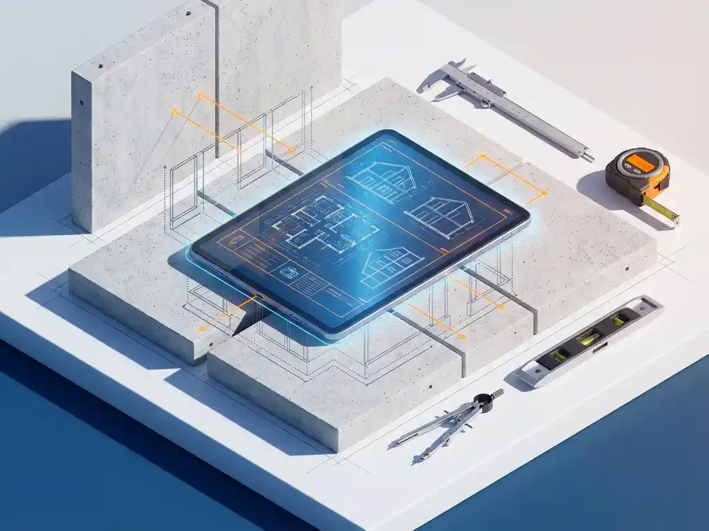 Digitale tablet met architecturale blauwdrukken op betonnen panelen met technische instrumenten en wireframe overlays