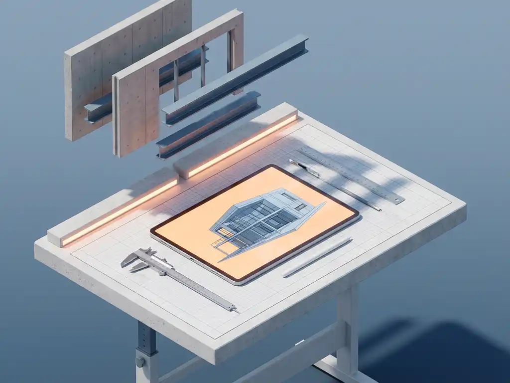 Tablet met 3D bouwmodel op architectentafel met tekengereedschap en zwevende bouwelementen in isometrisch ontwerp