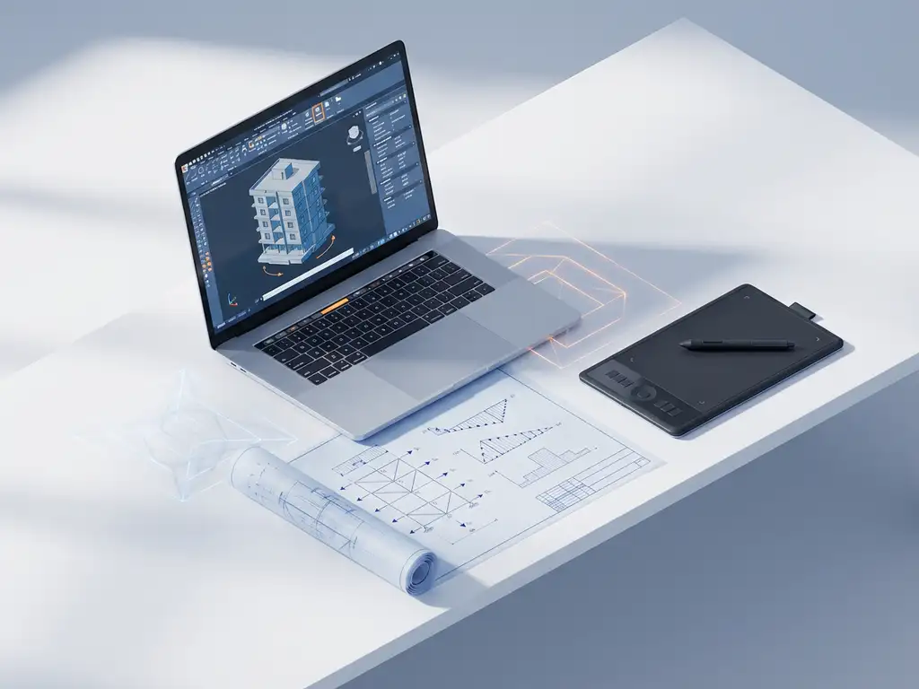 Isometrische werkplek met laptop die 3D gebouwmodel toont, CAD-software, technische tekeningen en grafische tablet