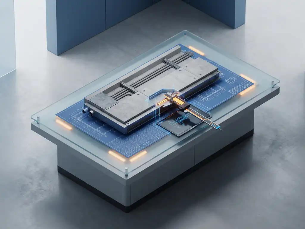 Isometrische kwaliteitscontrolestation met prefab wandpaneel op inspectietafel, digitale schuifmaat en technische tekeningen