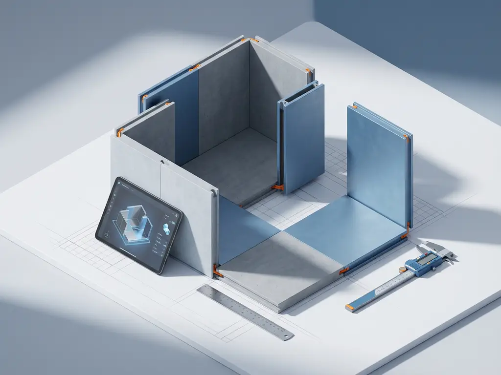Isometrische werkruimte met modulaire bouwpanelen, tablet met 3D-architectuursoftware en precisie-instrumenten