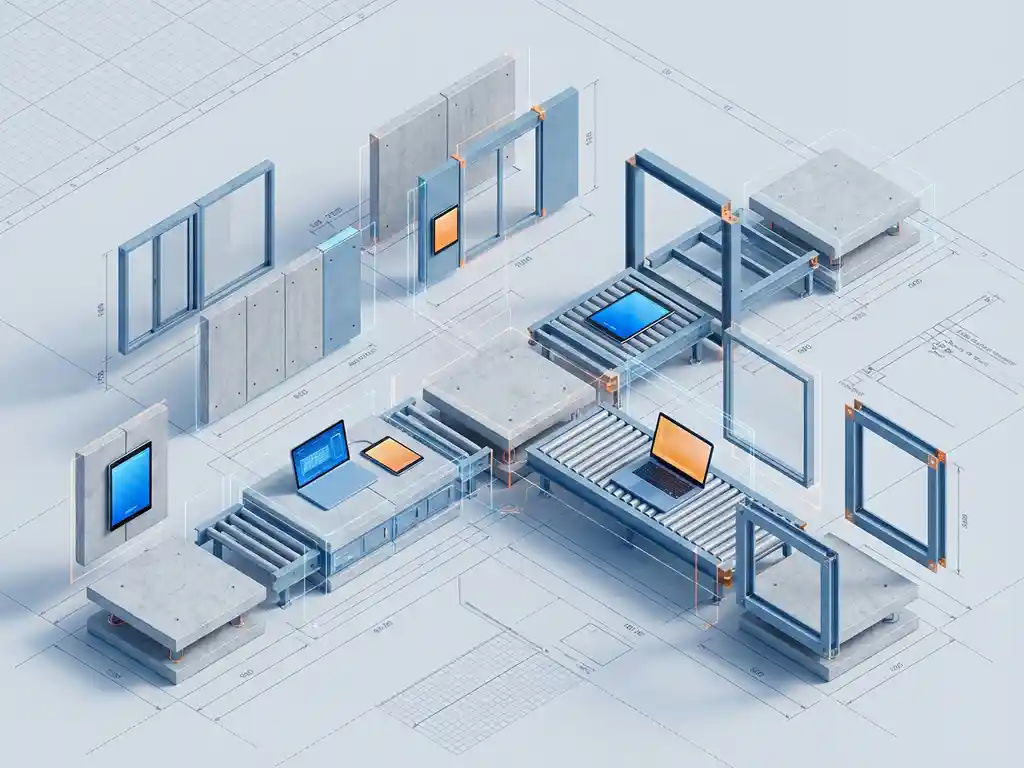 Isometrische werkruimte met modulaire prefab bouwcomponenten, tablets en laptops in professioneel blauw-grijs kleurenschema