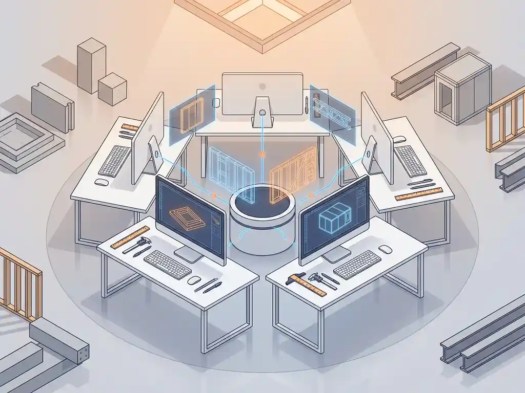 Isometrische CAD-werkruimte met meerdere workstations in cirkel die prefab bouwproject tonen met 3D wireframe modellen