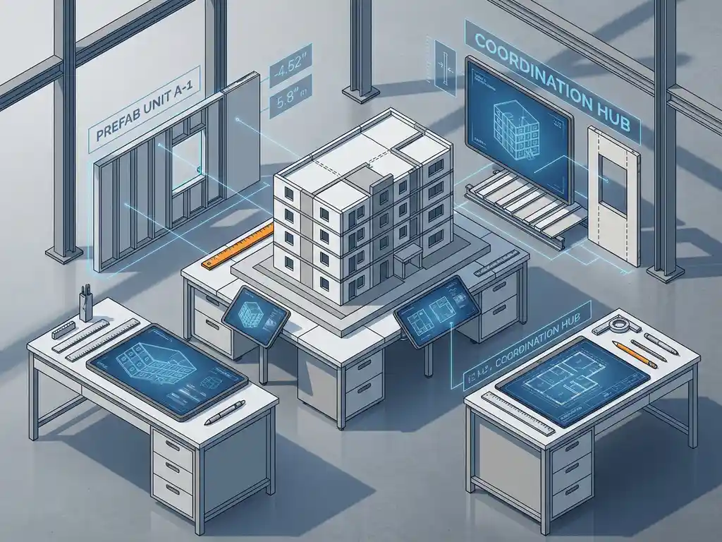 Isometrische weergave van moderne bouwcoördinatiehub met architectuurmodel, digitale tablets en prefab bouwelementen