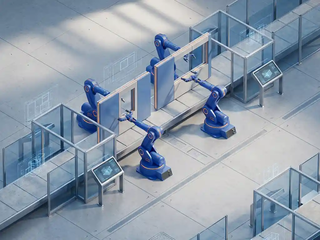 Moderne robotgestuurde fabriek met geautomatiseerde assemblage-armen die modulaire wandpanelen positioneren op industriële vloer