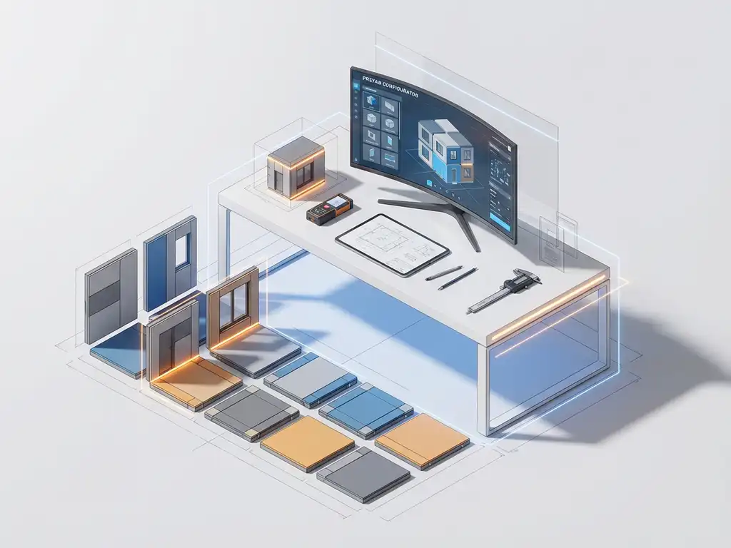 Moderne 3D werkplek met computer die prefab gebouw configuratie-interface toont, modulaire panelen en meetinstrumenten