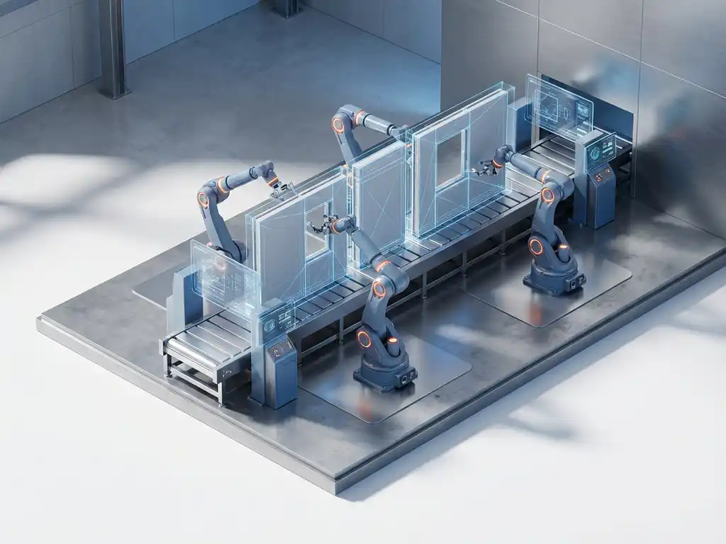 Geautomatiseerde prefab productiefaciliteit met robotarmen die modulaire wandpanelen assembleren op een schone productielijn